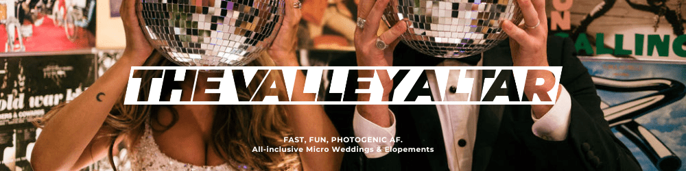 Newlywed couple holding disco balls at The Valley Altar micro wedding venue